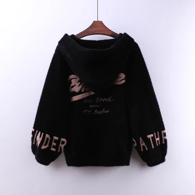Black Autumn Winter Mink Cashmere Cardigan Coat Hooded Sweater women Fashion Embroidery High quality Warm Sweaters Coat Female - Цвет: Black