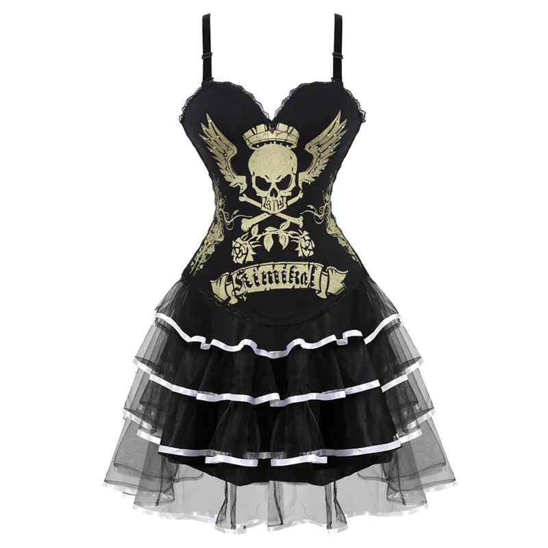 Хит продаж Корсеты с принтом черепа для женщин шнуровка корсет платье Showgirl