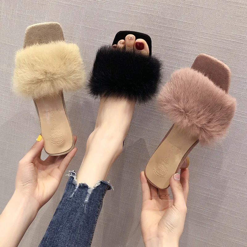 Женские пушистые тапочки 2019 женские плюшевые с лисьим мехом меховые на среднем