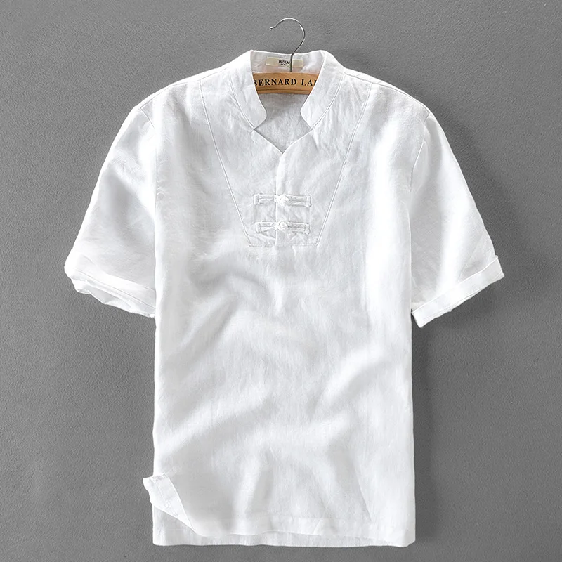 

Casual linen shirt men 2017 new Chinese trend plate-buckle men shirts short sleeve solid white shirt mens summer clothing camisa