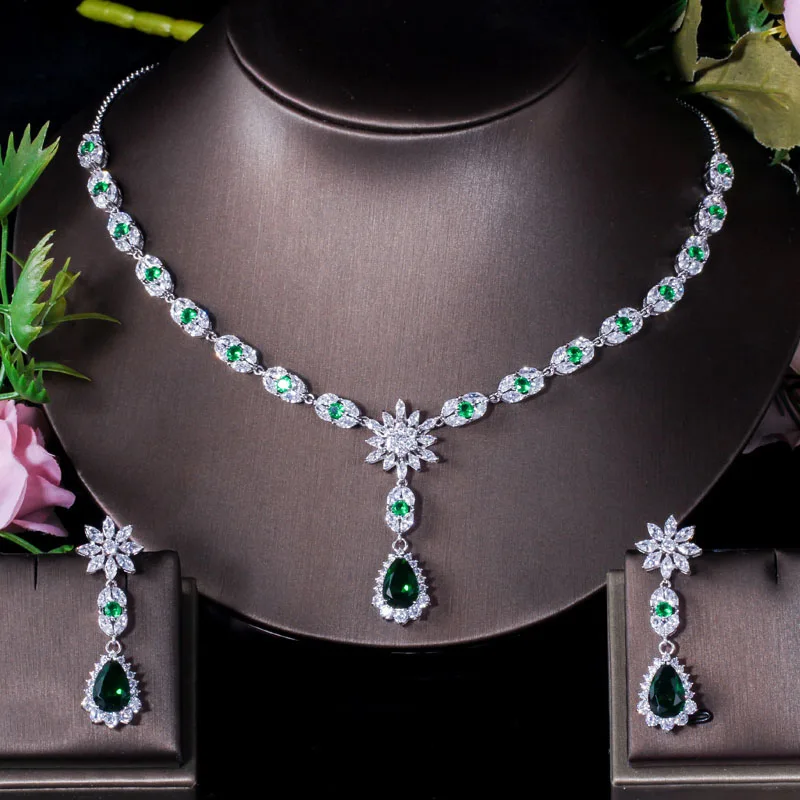 green CWWZircons элегантный белого золота цвет цветок в капле вечерние женщин свадьбу цепочки и ожерелья серьги Королевский Синий CZ Ювелирные наборы T184 - Окраска металла: green