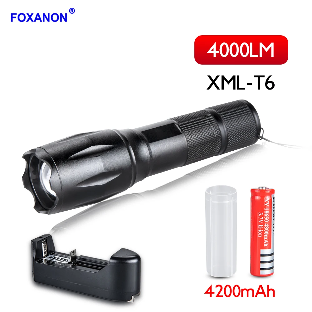 Foxanon Высокий люмен 4000 XML T6 светодиодный фонарик Перезаряжаемые Linterna факел 18650