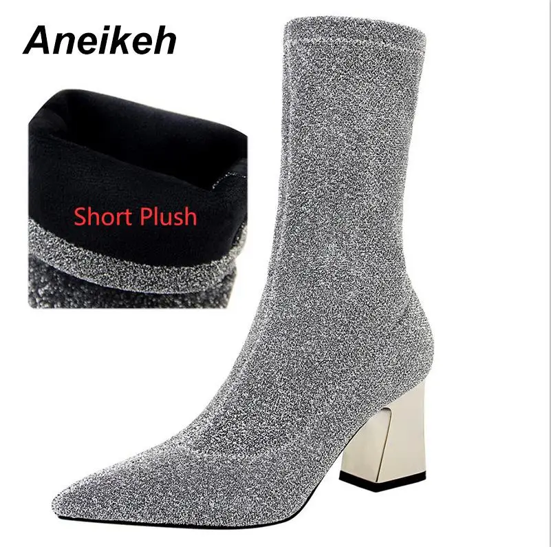 silvery-Short Plush Aneikeh/ г. Модные женские зимние ботинки обувь из флока с острым носком на высоком квадратном каблуке, танцевальная Свадебная обувь черный, серый цвет, до середины икры, Размеры 35-40 - Цвет: silvery-Short Plush