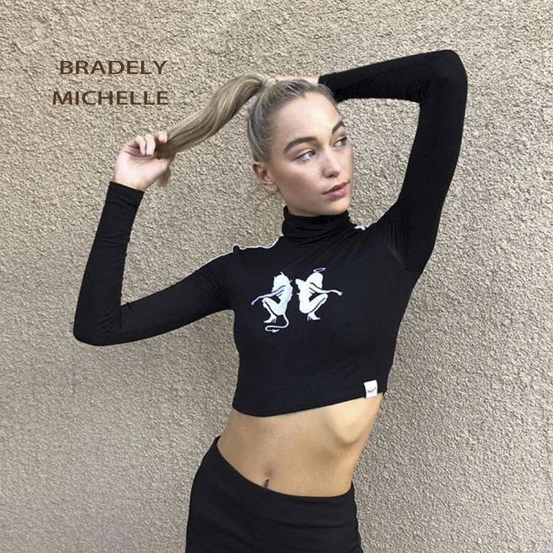 Женская облегающая футболка BRADELY michile укороченный Топ с длинным рукавом и принтом