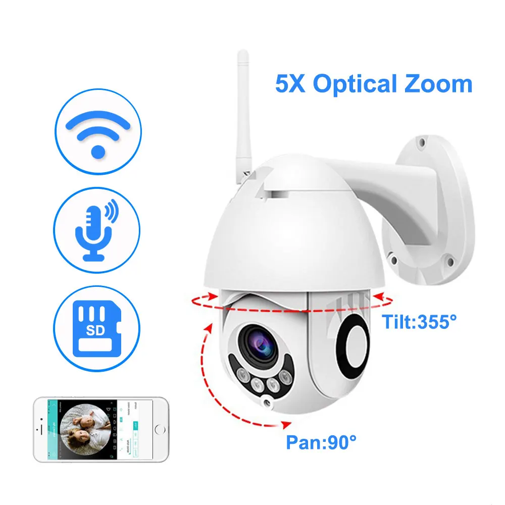 1080 P Wifi ip-камера наружная двухсторонняя аудио PTZ 5X оптический зум ночного видения