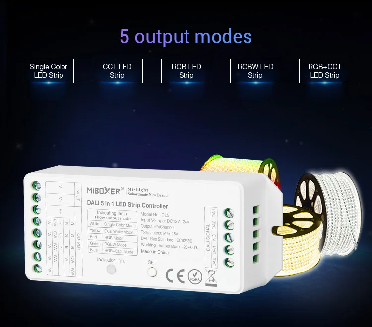MiBOXER DL5 DALI 5 в 1 Светодиодная лента управления, DC 12~ 24 В общий анод подключения, совместимый пульт дистанционного управления/DALI Bus power Supplly
