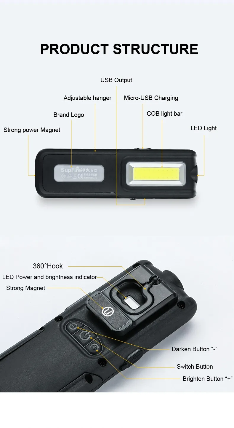 Свет COB Светодиодный фонарь Supfire G12 техническое обслуживание автомобиля USB Рабочий свет для конвой Fenix Nitecore велосипедные фары A013