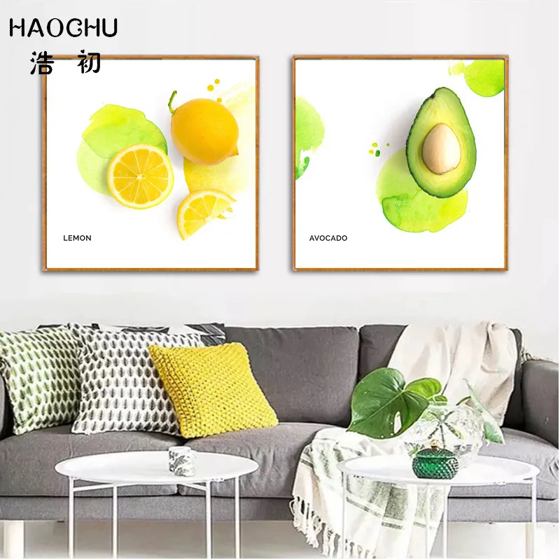 HAOCHU European lemon strawberry avocado pattern canvas restaurant wall decoration picture tea shop sticker | Дом и сад