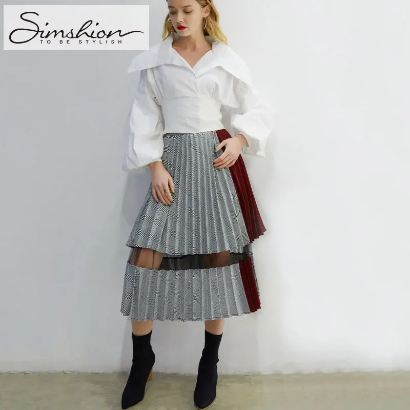 Simshion плиссированные юбки плед сращивания муслин для женщин демисезонный мода