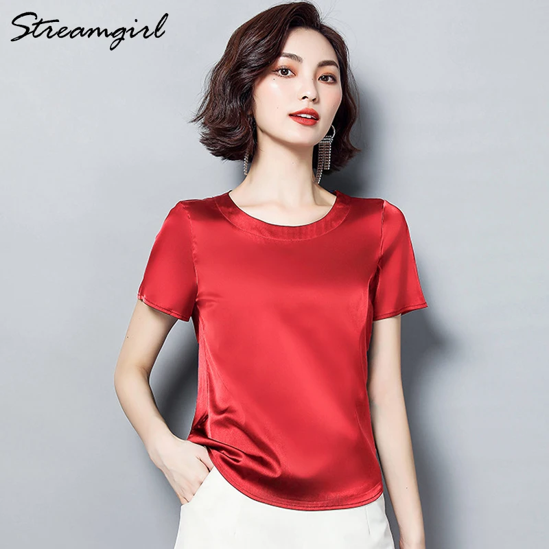 

Streamgirl Imitation Silk Blouse Short Sleeve Satin Blouse Women Summer Ladies Office Blouses Womens Tops And Blouses Plus Size