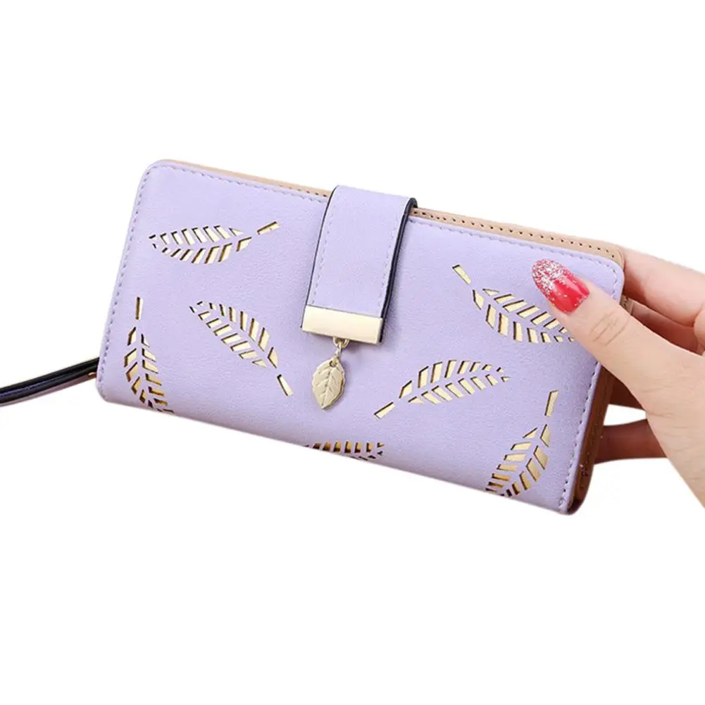 Light purple PinShang Женская мода PU молния Пряжка Длинный кошелек держатель карты выдолбленная форма листьев кошелек - Цвет: Light purple