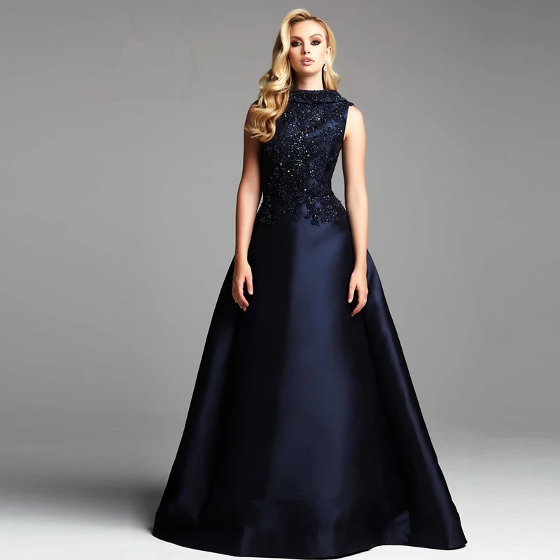 2017 Элегантный Темно Синий Линии Формальные Вечерние Платья Высокая Шея Спинки