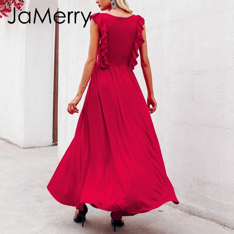 JaMerry 2019 красное Сексуальное Красное Длинное Макси платье для женщин с оборками