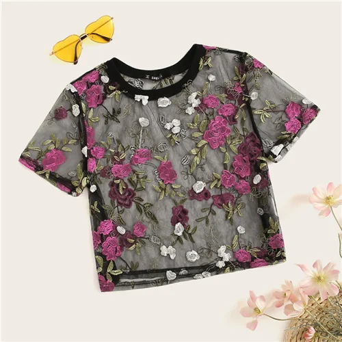 Лаванда SHEIN Boho разноцветная Цветочная вышивка Прозрачная сетка Сексуальная укороченная блузка женская летняя круглый вырез короткий рукав элегантный топ блузки - Цвет: Лаванда