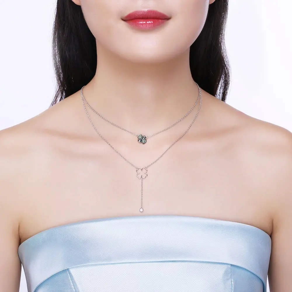 LEKANI Crystals From Swarovski Classic Clover Pendant Necklaces For Women Wedding Gifts 925 Silver Fine Double Chain Choker | Украшения и