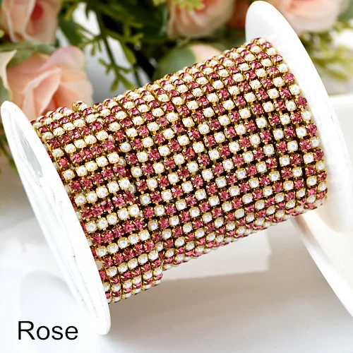 Rose SS6 1 ярд стразы на цепочке прозрачные стразы с жемчугом цепочки камней Золотое дно для DIY вечерние платья дизайн ногтей B1203 - Цвет: Rose