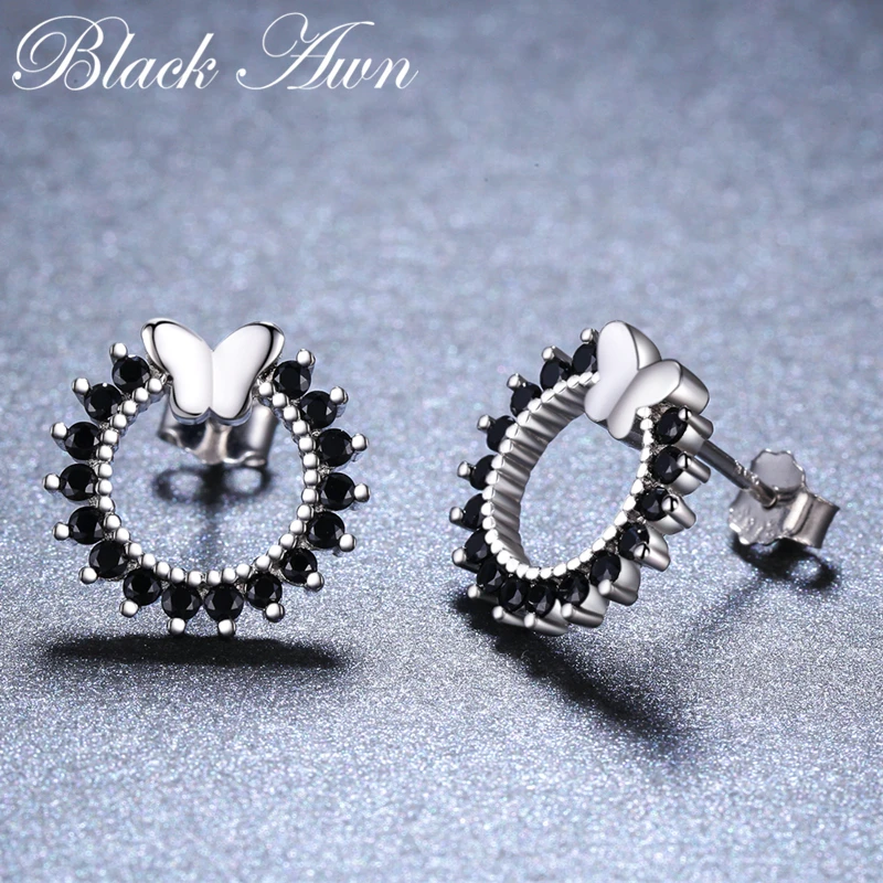 Женские свадебные серьги гвоздики с черной шпинелью Awn круглые из стерлингового