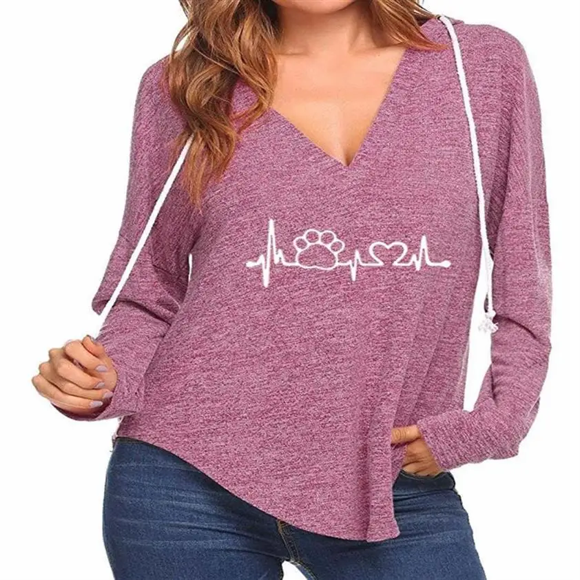 

Paw Letters Print Hoodies For Women V-Neck Hoodies Sweatshirt Femmes Kawaii y2k Hoodies Print Pockets Clothings Thick Plus Size