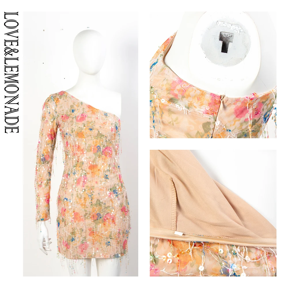 LOVE&ampLEMONADE Сексуальное платье на одно плечо с бахромой принт длинным рукавом со