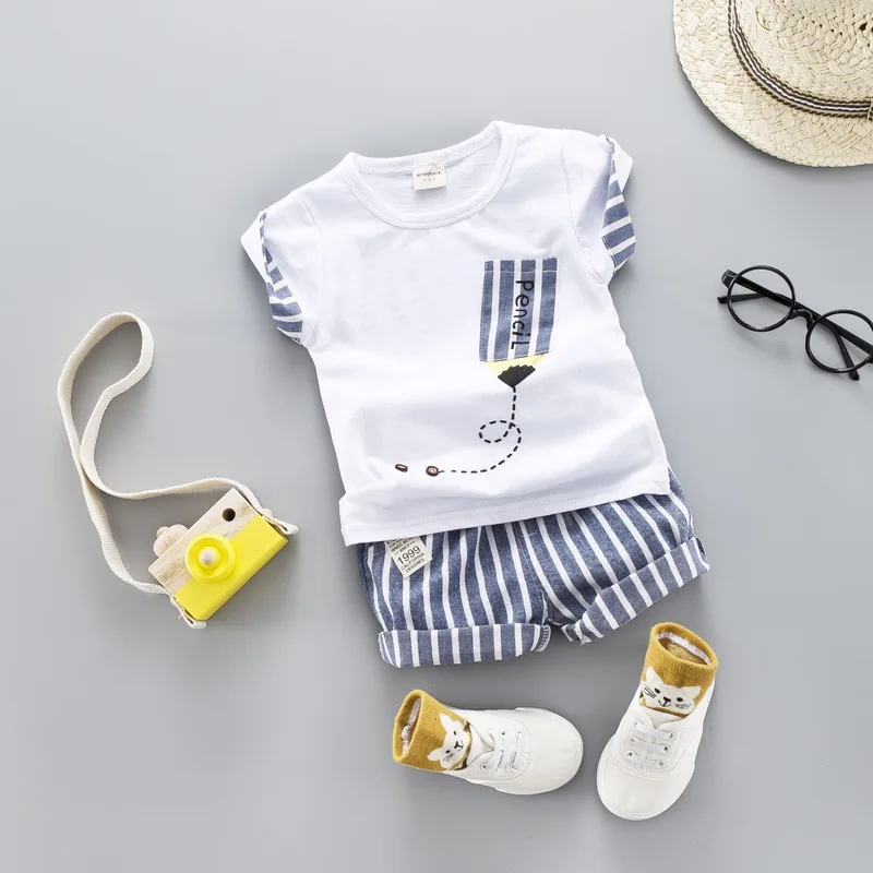 Boys Summer Clothing Set Kids Baby Suits 2019 New Cute Strip Short Pants Children Sleeve Shirt Suit |