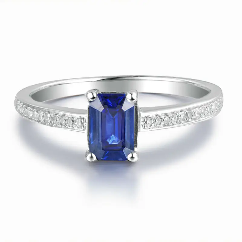 Женское кольцо с сапфиром LOVERJEWELRY из белого золота 14 карат изумрудной огранкой и