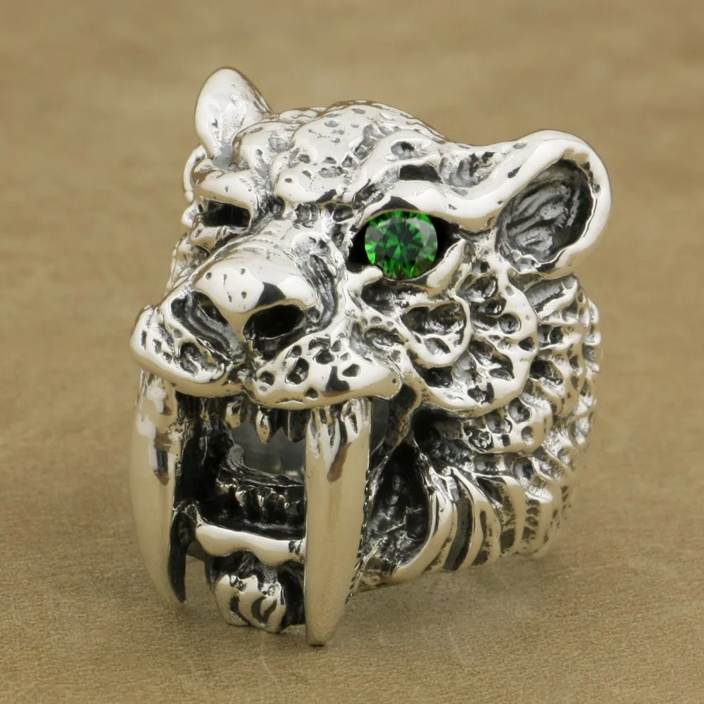 Грим глаз с фианитами перстень саблезубый тигр 925 пробы Серебряный Мужской
