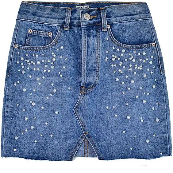 Повседневные женские джинсовые юбки с разрезом и жемчугом обтягивающие мини