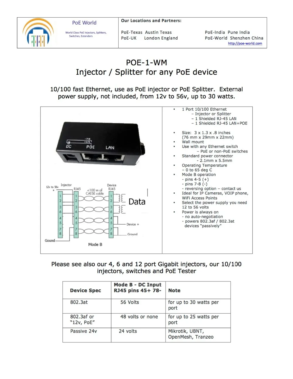 1 порт 10/100 настенное крепление Power over Ethernet PoE инжектор-источник питания не входит в