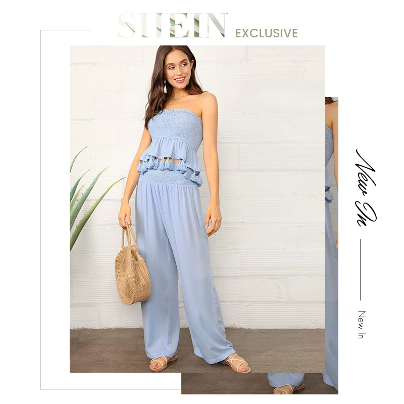 SHEIN Топ С Бахромой И Брюки Комплект Женский Богемный Синий Топ И Длинные Брюки Наборы Для Отдыха