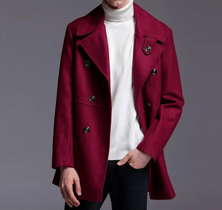 Мужская шерстяная куртка с отложным воротником винно красного цвета|wool coat male|wool