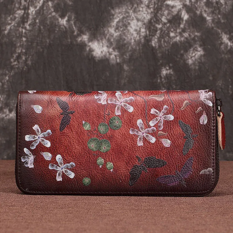 Vintage red Женские кошельки с принтом стрекозы, кожаный женский длинный кошелек с молнией, Большая вместительная Мобильная Сумка, Ретро кошелек из натуральной кожи - Цвет: Vintage red