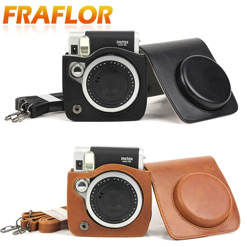 For Polaroid Fujifilm Instax Mini 90 Brown / Black Pattern Camera Case Bag with Shoulder Strap PU Leather Pouch Protector | Электроника