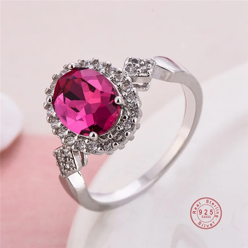 Rose Red Подлинное ювелирное 925 пробы Серебряное штабелируемое кольцо круглое черное CZ Кристальное кольцо на палец для женщин Свадебная вечеринка Bijoux - Цвет основного камня: Rose Red