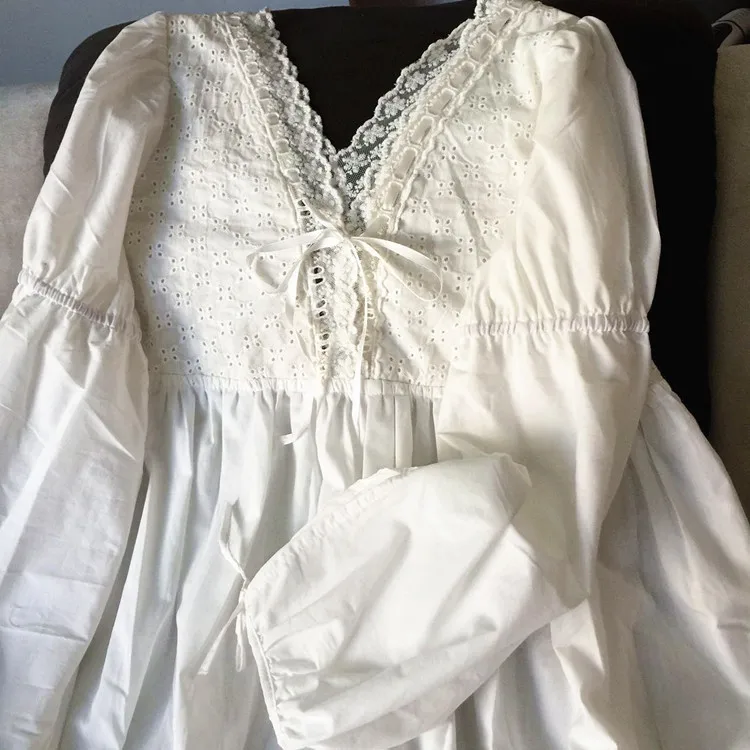 Женская хлопковая одежда с v образным вырезом длинным рукавом и вышивкой весна