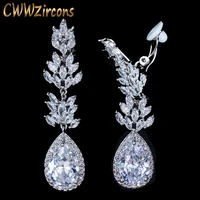cwwzircons no hole pierced ear design cubic zirconia crystal pave women long water drop clip on earrings without piercing cz411