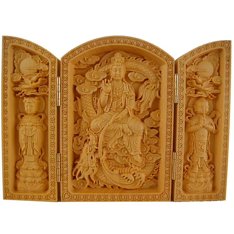 

Chinese wood carving Buddha Maitreya Buddha ornaments three open box Fu Lu Shou home crafts Guanyin Bodhisattva