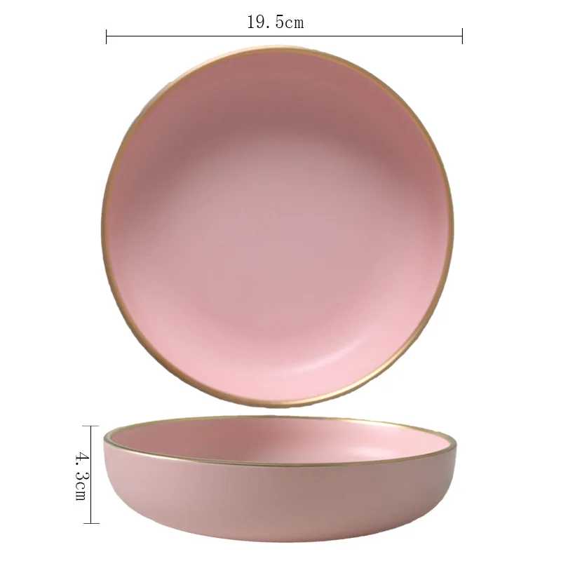 7.5 Inch Deep Plate Твердый розовый керамический лист золотой край живопись фарфоровая чаша тарелка ложка посуда набор Западная разделочная доска тарелки для закуски тарелка - Цвет: 7.5 Inch Deep Plate
