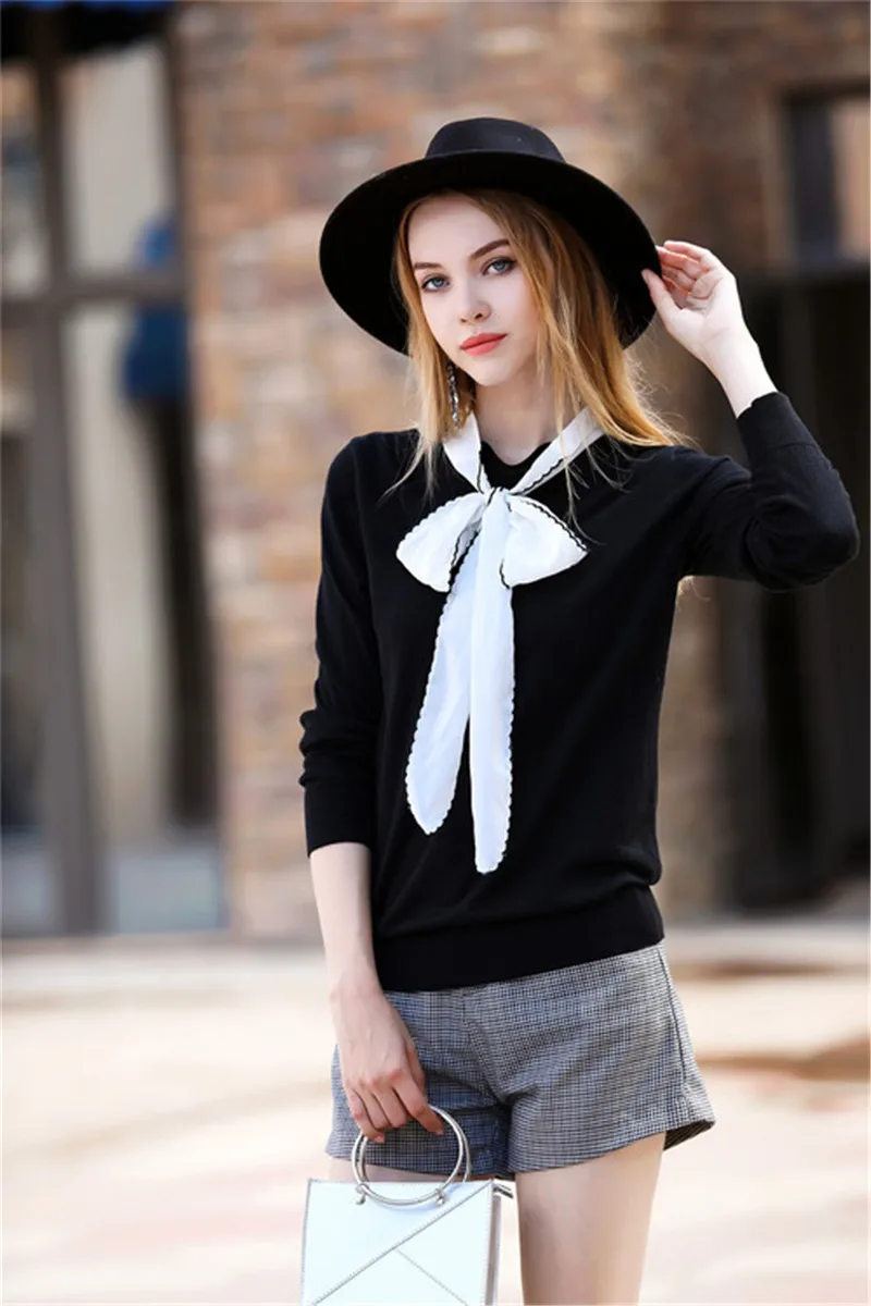 Fashion Runway Sweater 2017 Winter Women Christmas Sweaters Cute Office Bow Collar Black Knitted blouse Wool female pullovers | Женская