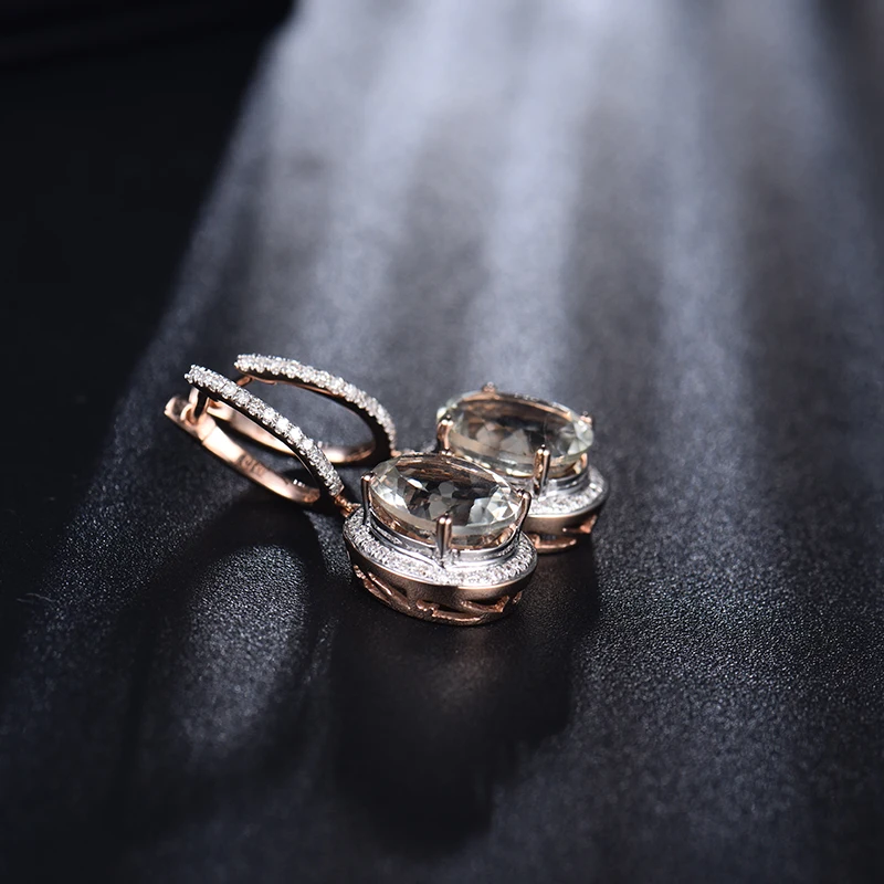 Популярные 14Kt серьги из розового золота 0.35Ct с натуральным бриллиантом 6.80Ct аметист, висячие серьги Овальные 9x11 мм E0006L