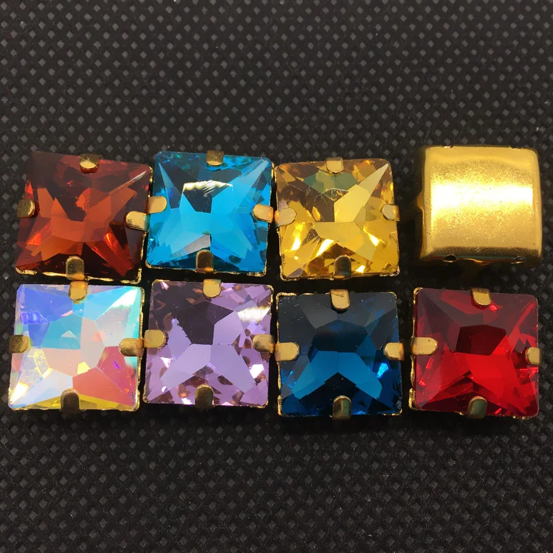 TopStone Princess Square Sew on Gold Claw Rhinestone Glass Crystal 8 12 14 мм высокое качество пришитый камень