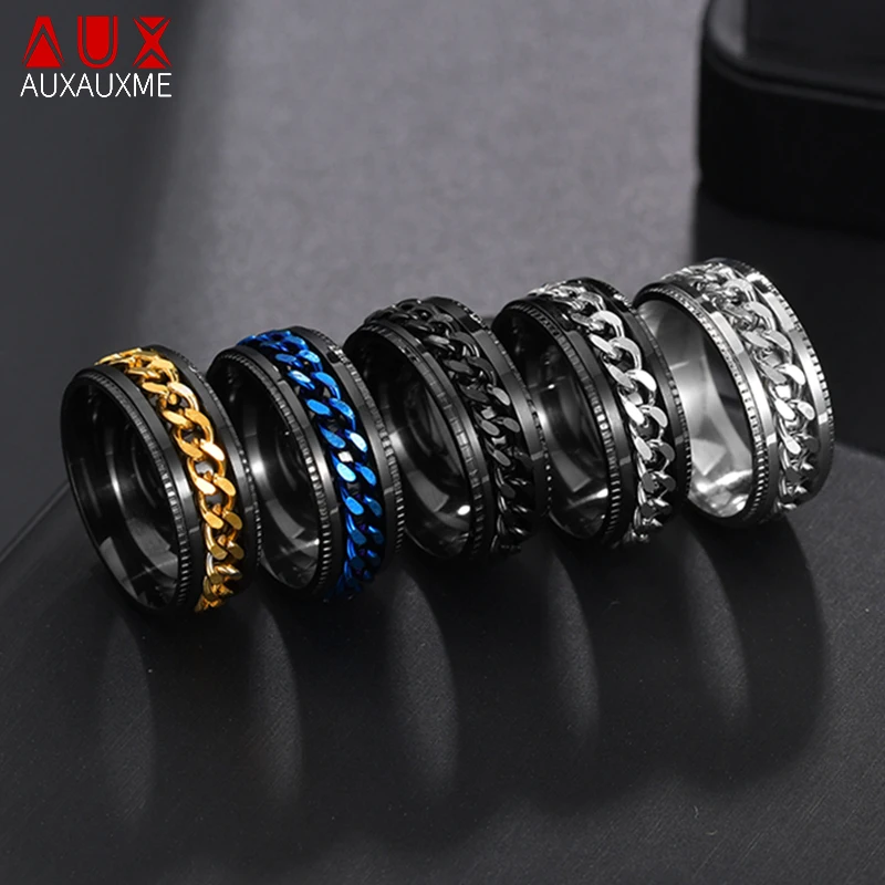 

Auxauxme Titanium Stainless Steel Chain Spinner Ring For Men Blue Gold Black Punk Rock Rings Accessories Jewelry Gift