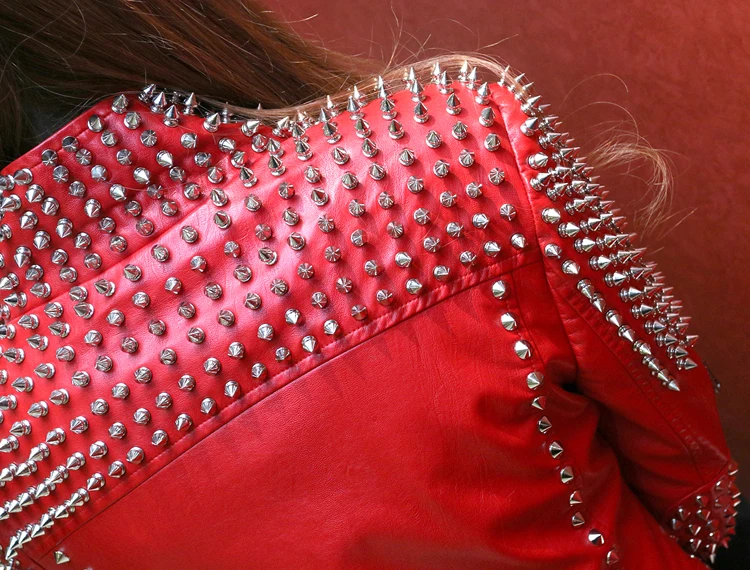 Женский кожаный ошейник с шипами красный для питомцев|cazadora cuero mujer|red leather jacket
