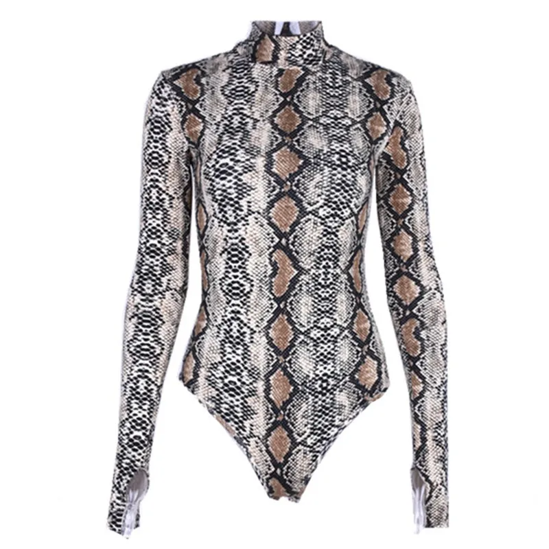 

Long Sleeve Snakeskin Print Sexy High Neck Bodysuits 2021 Winter Women Streetwear Fashion Bodysuits Party Nightclub Jumpsuits