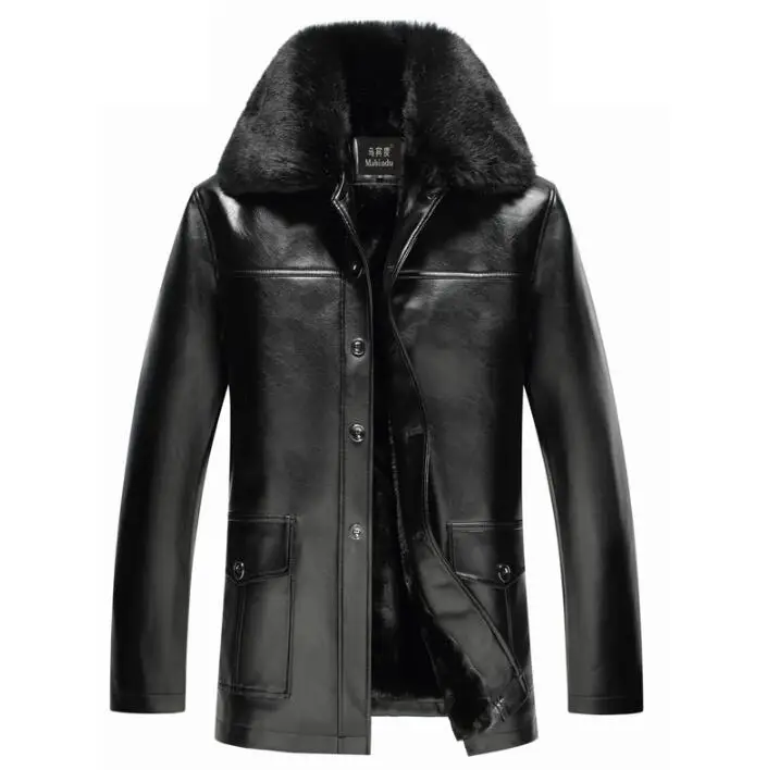 2020 autumn winter medium-long turn-down collar  velvet thicken motorcycle leather jackets men business casual fur collar