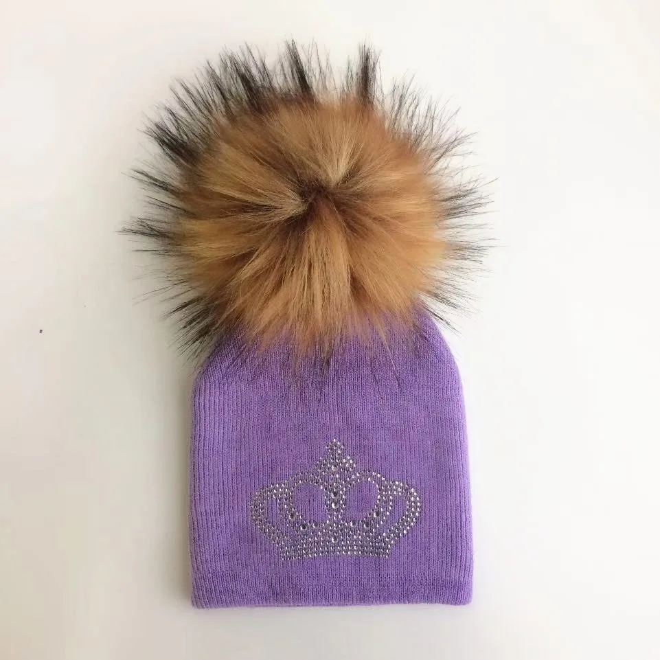 crown light purple 2 Детская вязаная теплая Зимняя шерстяная шапка с алмазной вышивкой для девочек и мальчиков, Детские повседневные шапочки короны с помпоном из искусственного меха - Цвет: crown light purple 2