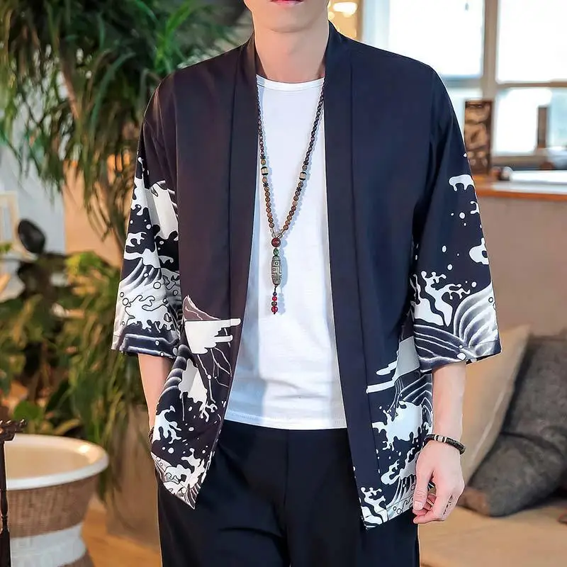 Мужская Уличная рубашка винтажное кимоно без воротника в традиционном японском
