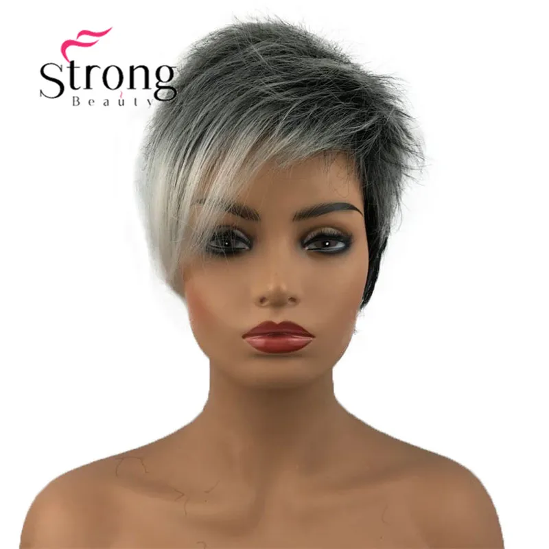 StrongBeauty короткие серебряные с темными корнями Омбре девушки парики синтетические волосы парик