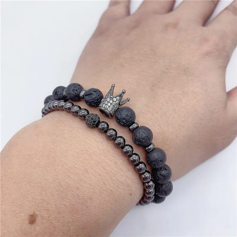 Набор браслетов Poshfeel 2 шт./набор с кристаллами CZ и кроной, браслеты на руку из натурального камня лавы 8 мм, ручной работы, ювелирные изделия Pulsera MBR180301.