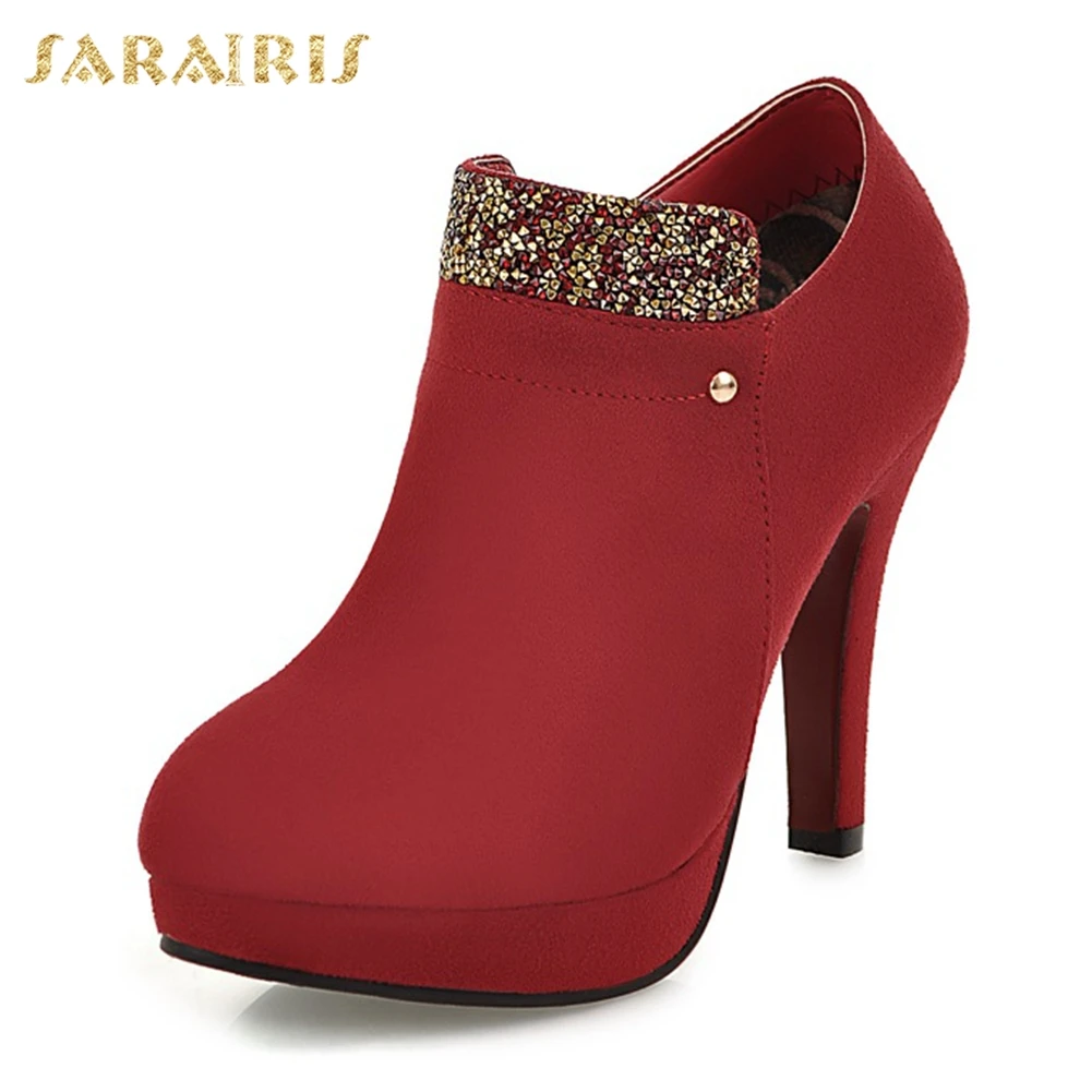 red Suede SARAIRIS/Новинка; обувь на платформе на молнии размера плюс 33-43; женские ботинки на высоком каблуке; ; Элегантные ботильоны; женская обувь - Color: red Suede