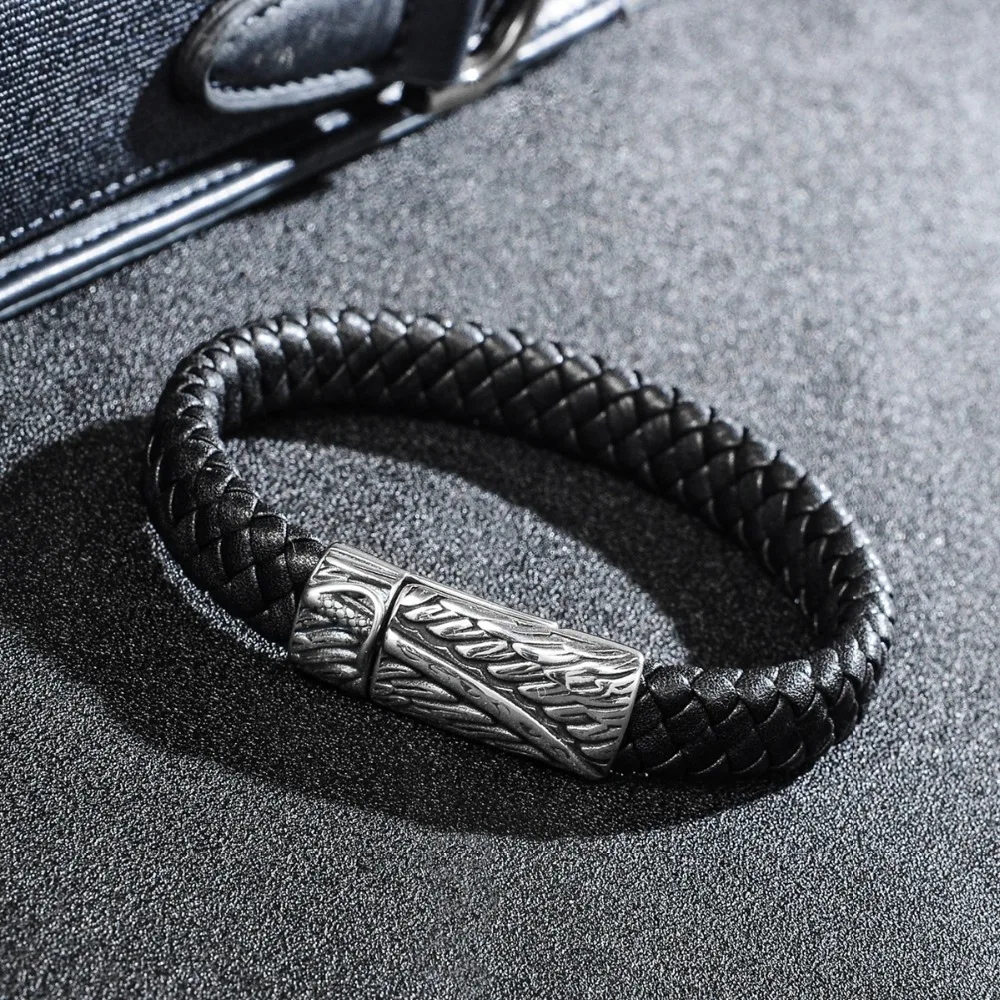 Men Jewelry Punk Black Braided Geunine Leather Bracelet Sword Dagger Pattern Stainless Steel Magnetic Buckle Bangles | Украшения и